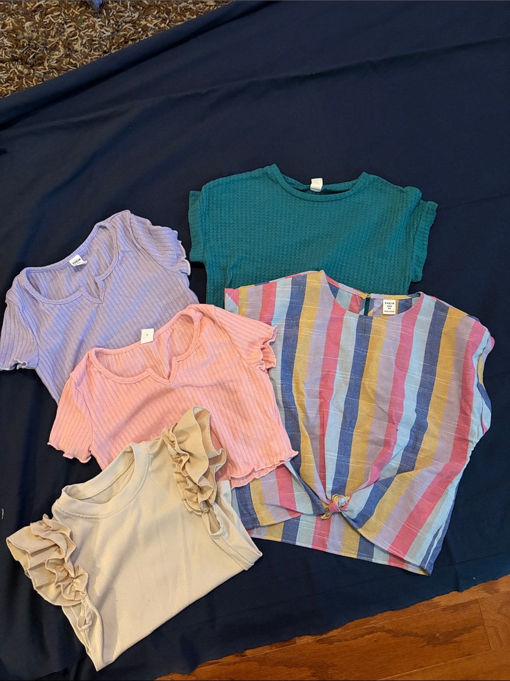 SHEIN Kids Short Sleeve Mix — Teal, Lavender, Pink, Cream & Multi-Stripe Tops